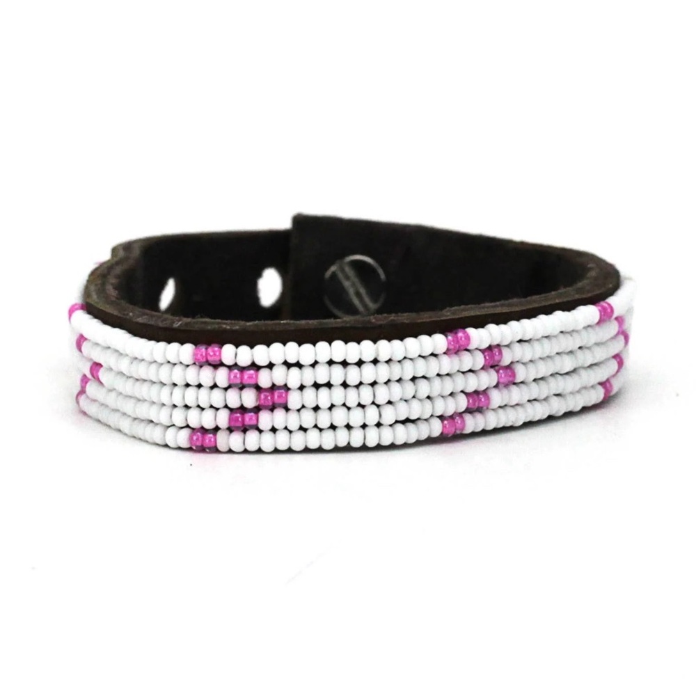 Small Pink and White Chevron Leather Cuff